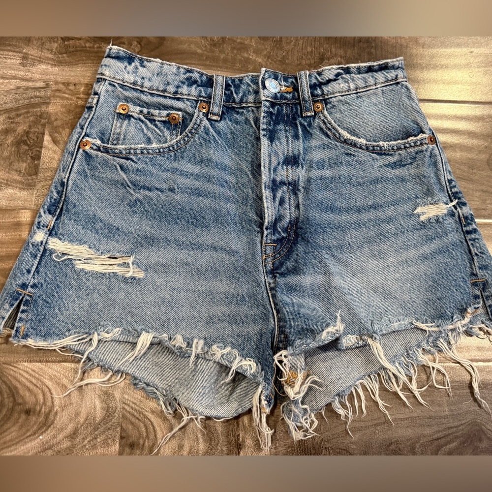 ZARA High Rise Distressed Denim Shorts